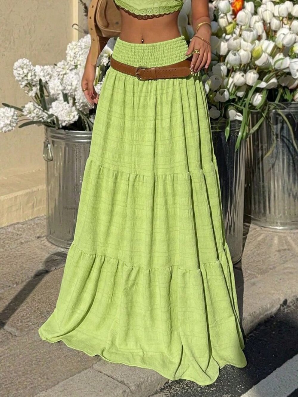 Green Casual Women's Textured High Waist Tiered Hem Skirt - Picture 4 of 4